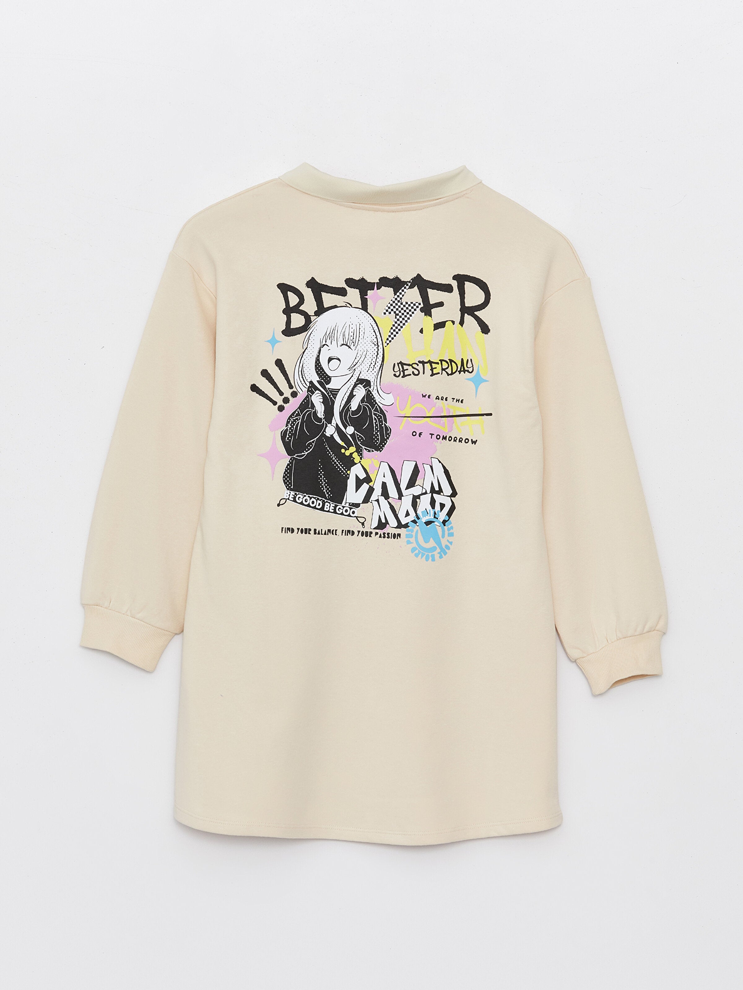 Polo Neck Printed Long Sleeve Girls Dress