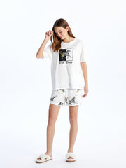 Crew Neck Printed Short Sleeve Women Pajama Set With Shorts