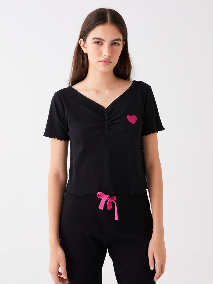 V-Neck Embroidered Short Sleeve Women Pajama Set