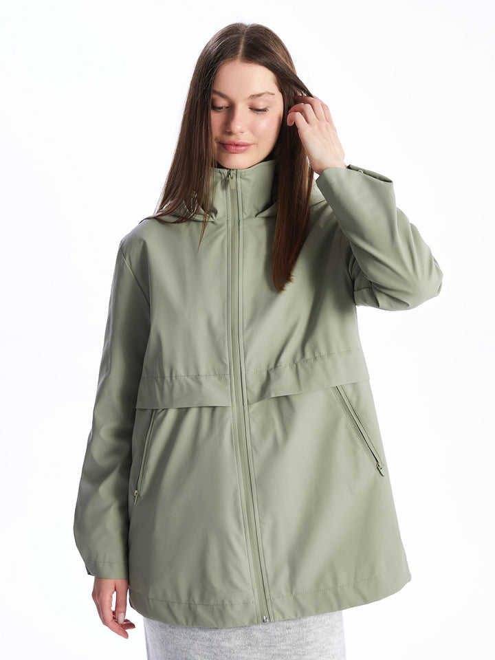Hooded Plain Leather Look Women Raincoat