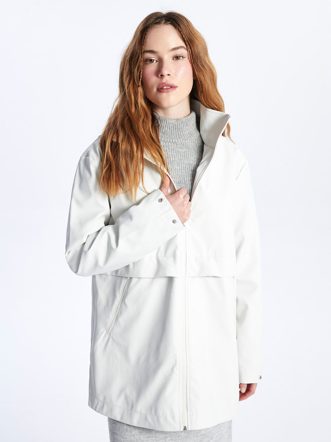 Hooded Plain Leather Look Women Raincoat