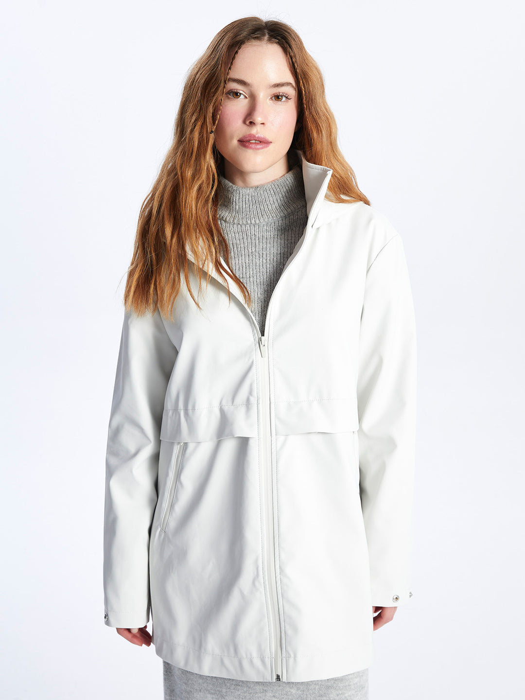 Hooded Plain Leather Look Women Raincoat