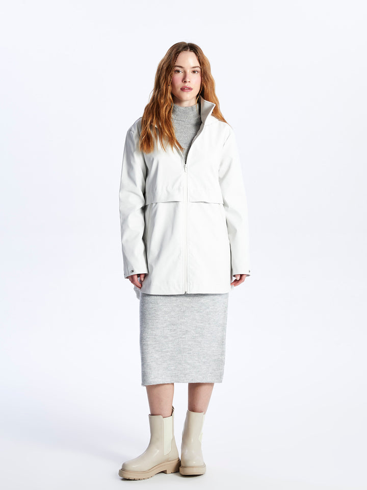 Hooded Plain Leather Look Women Raincoat