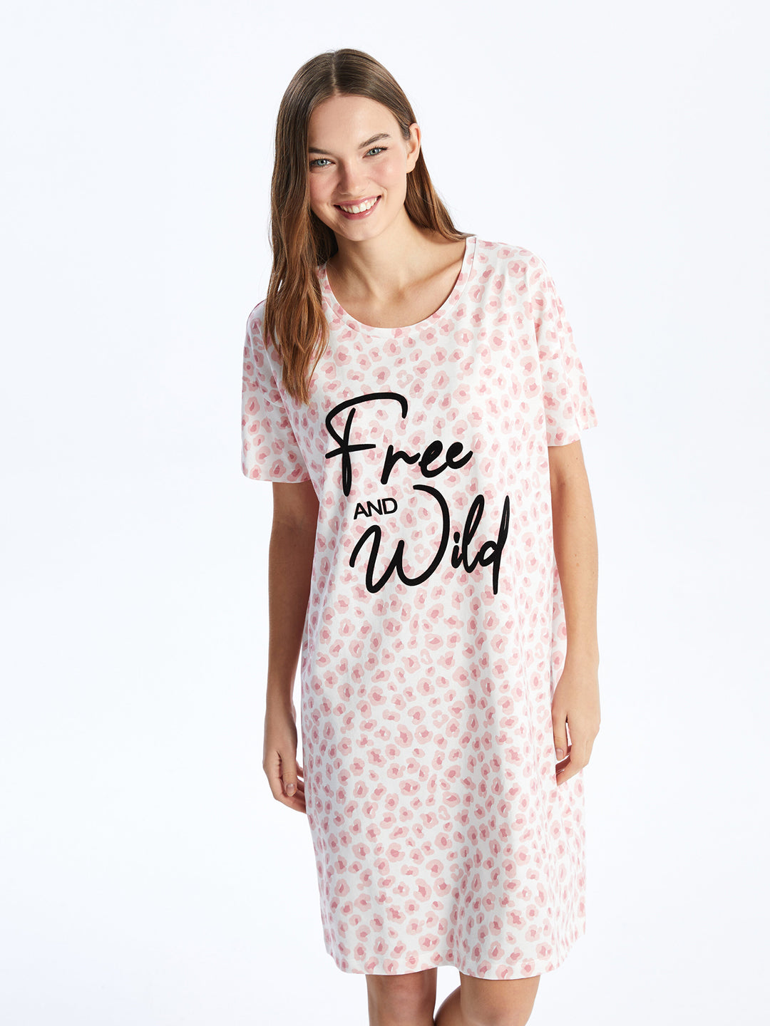 Crew Neck Printed Short Sleeve Women Nightgown