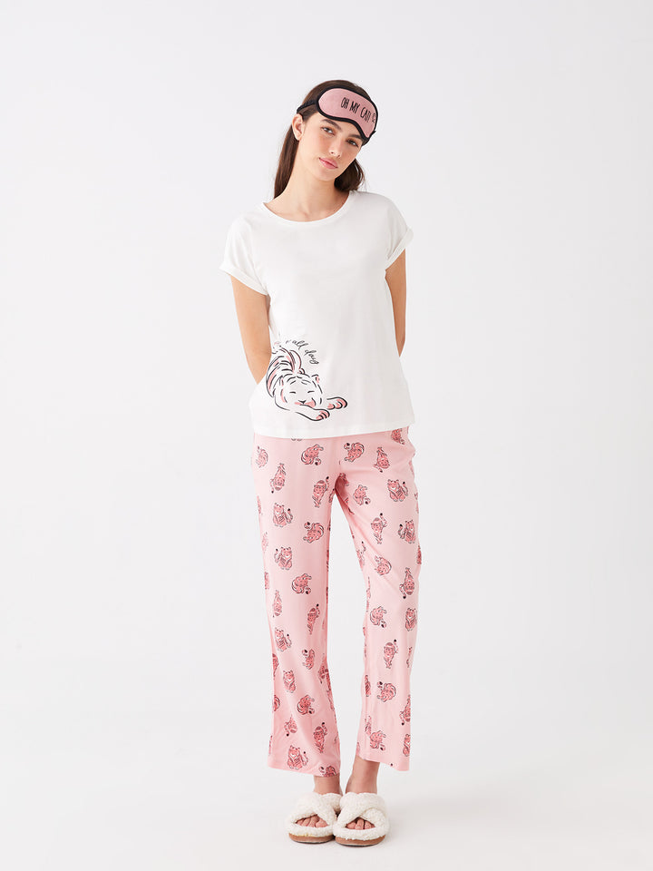 Crew Neck Printed Short Sleeve Women Pajama Set