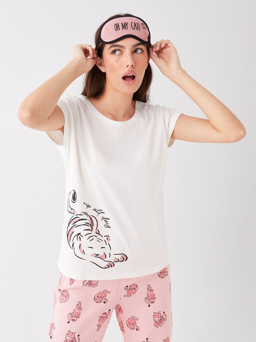 Crew Neck Printed Short Sleeve Women Pajama Set