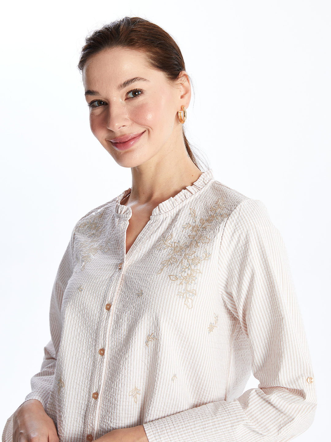 Loose Neck Embroidered Long Sleeve Women Blouse