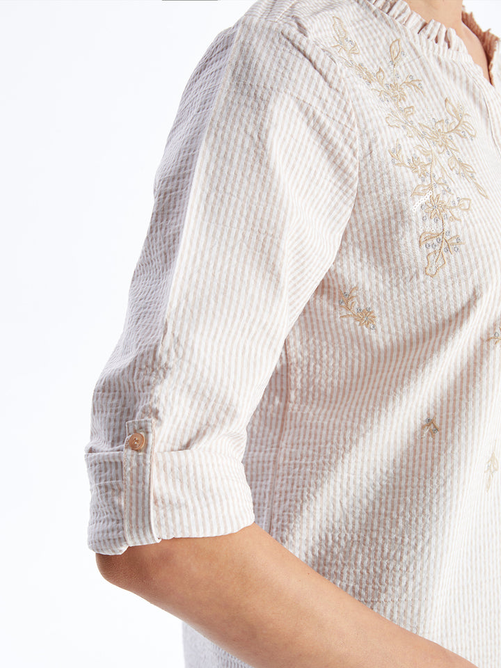 Loose Neck Embroidered Long Sleeve Women Blouse