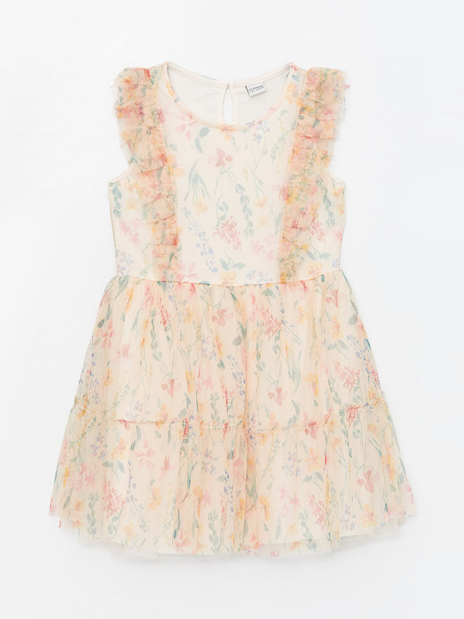 Crew Neck Floral Girls Tulle Dress Hover Image