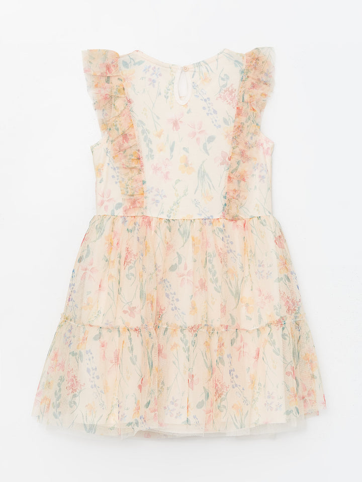 Crew Neck Floral Girls Tulle Dress