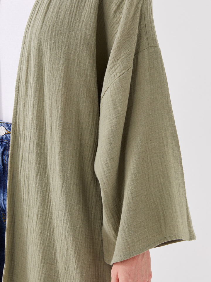 Shawl Collar Plain Long Sleeve Oversize Muslin Women Kimono