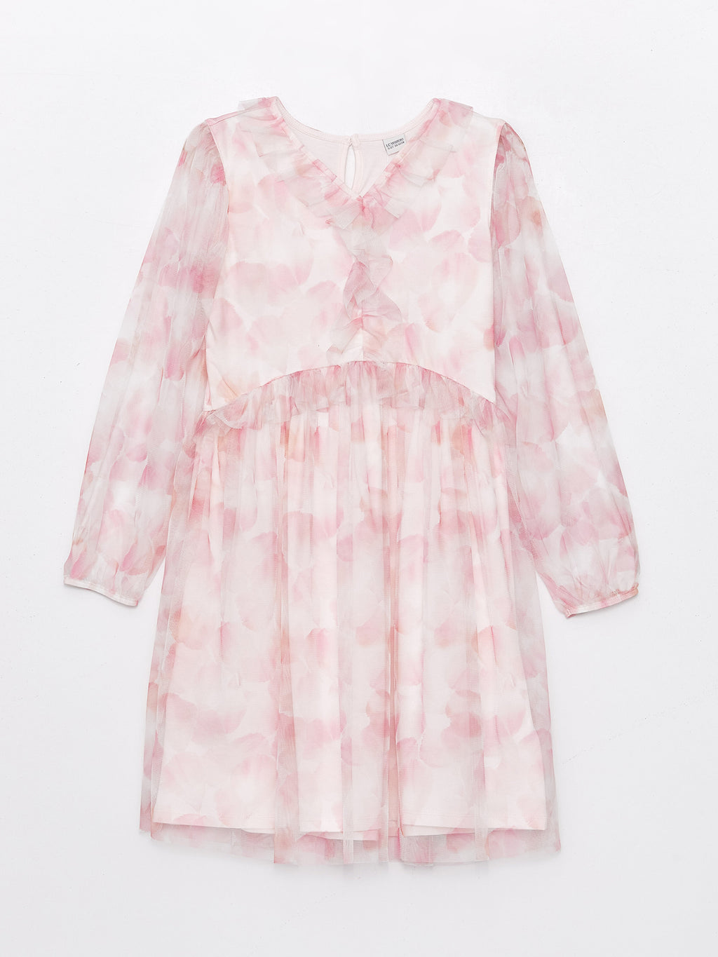 V-Neck Patterned Long Sleeve Girls Tulle Dress