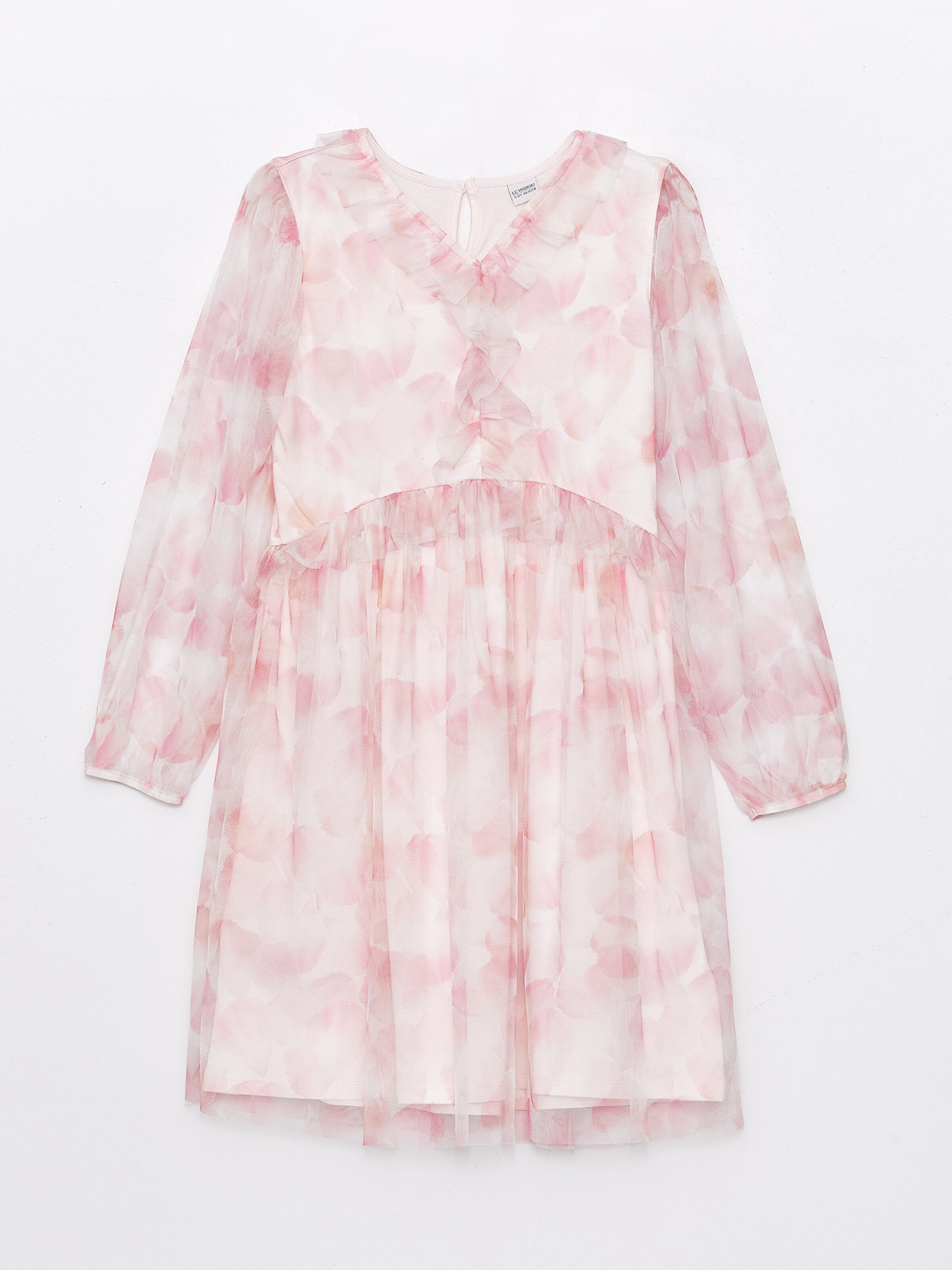 V-Neck Patterned Long Sleeve Girls Tulle Dress