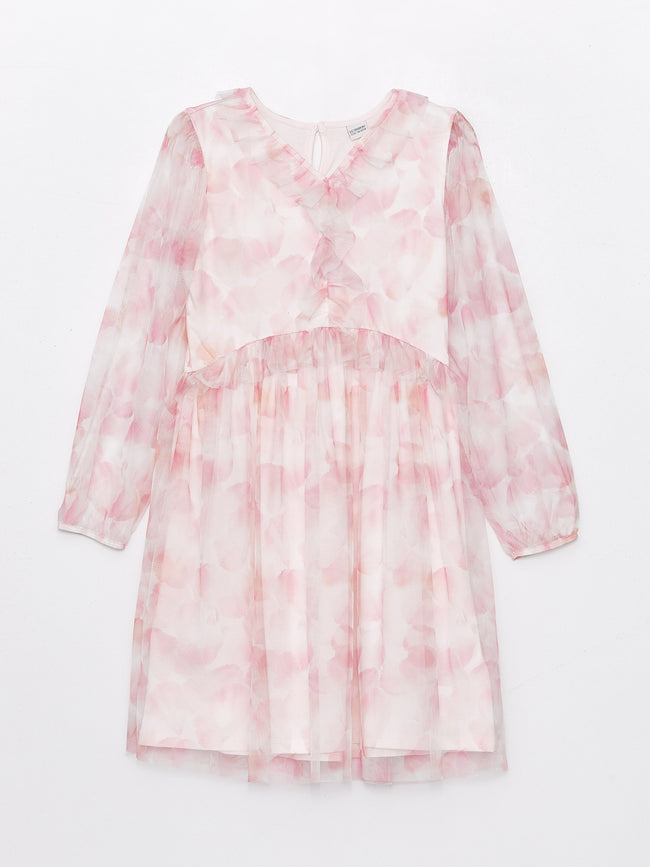 V-Neck Patterned Long Sleeve Girls Tulle Dress Hover Image