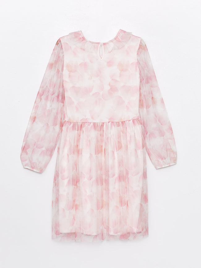 V-Neck Patterned Long Sleeve Girls Tulle Dress Main Image