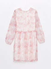 V-Neck Patterned Long Sleeve Girls Tulle Dress