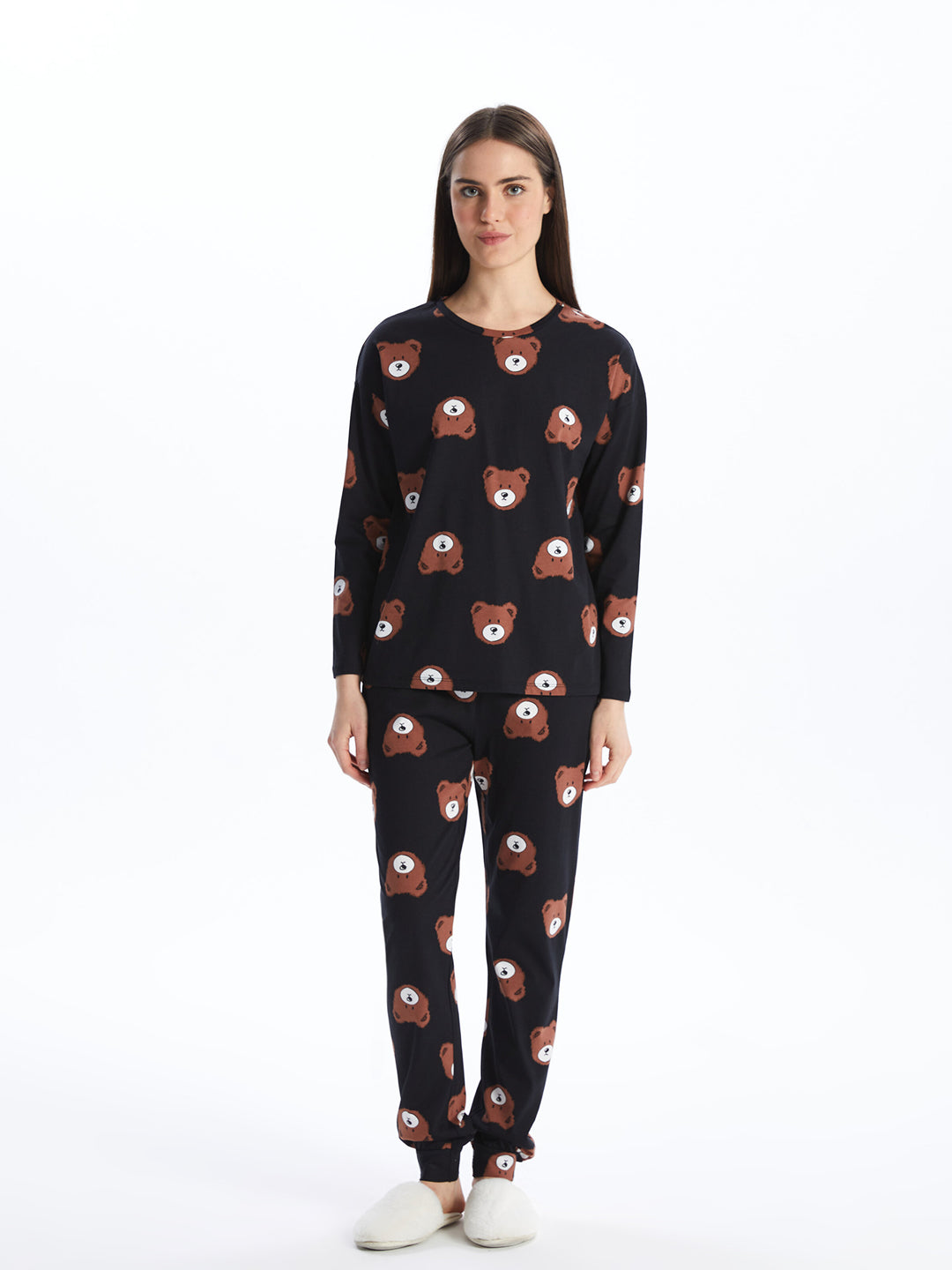 Crew Neck Printed Long Sleeve Women Pajama Set