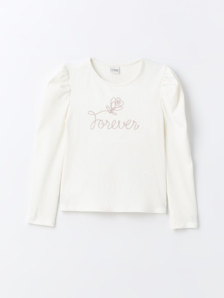 Crew Neck Embroidered Long Sleeve Girls Crop T-Shirt