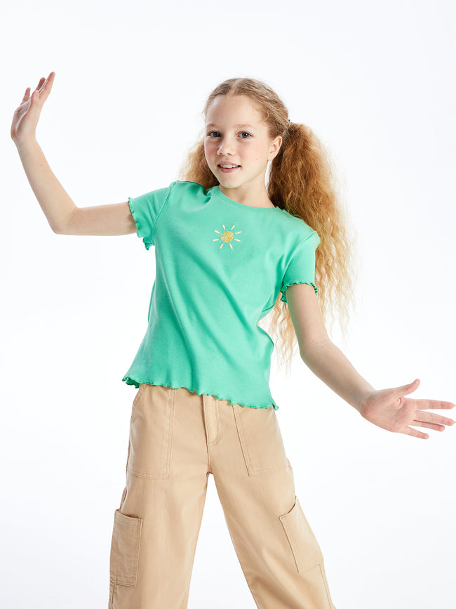 Crew Neck Embroidered Short Sleeve Girls T-Shirt Hover Image