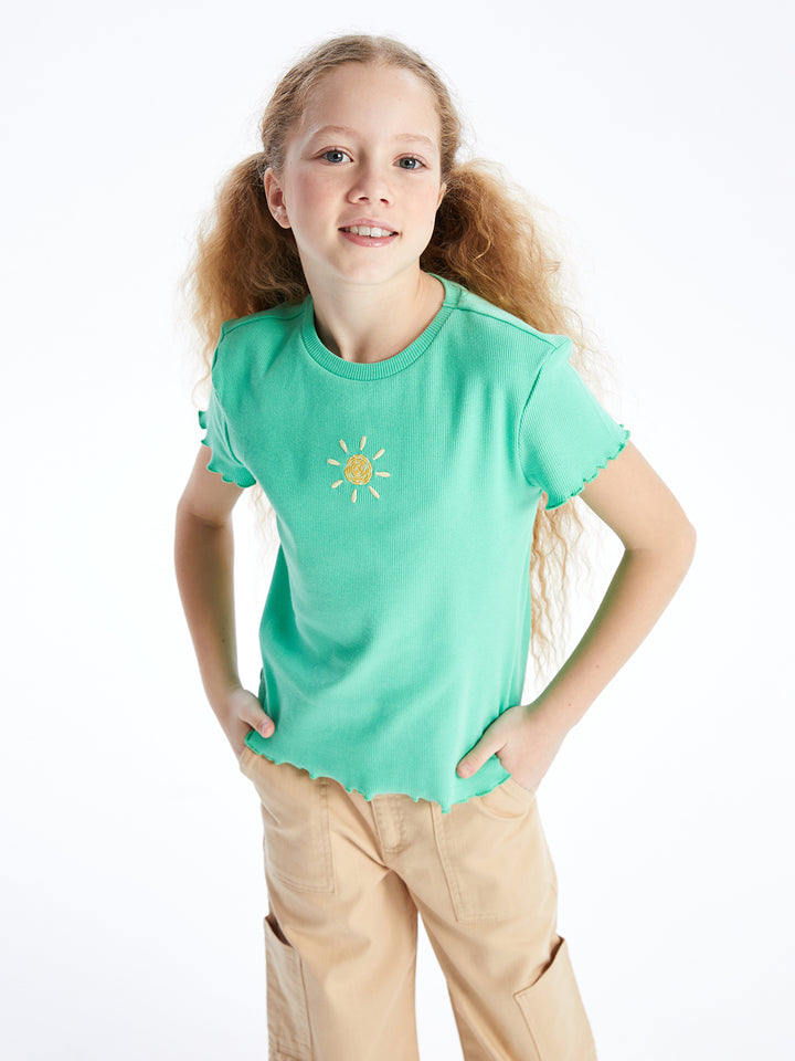 Crew Neck Embroidered Short Sleeve Girls T-Shirt