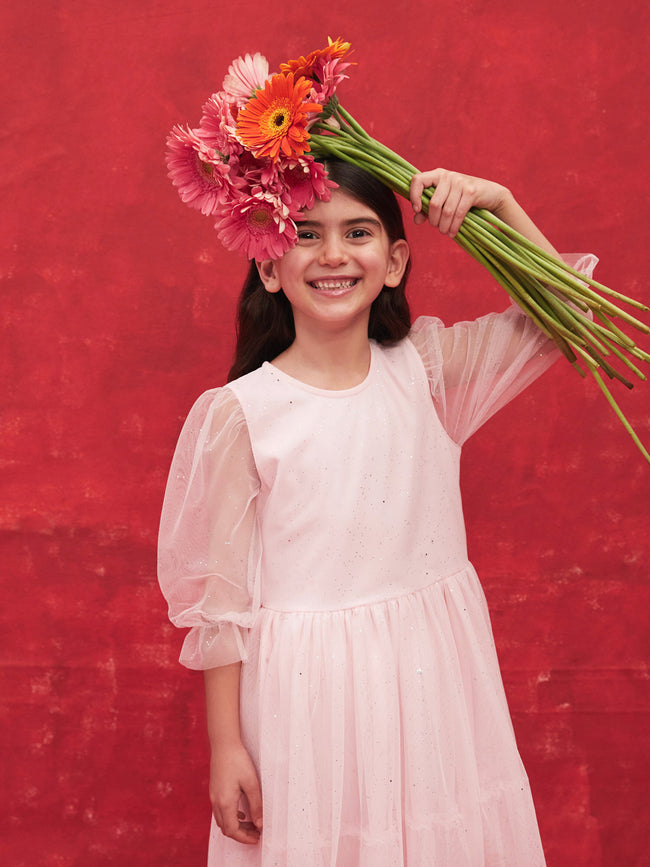 Crew Neck Long Sleeve Girls Tulle Dress Hover Image