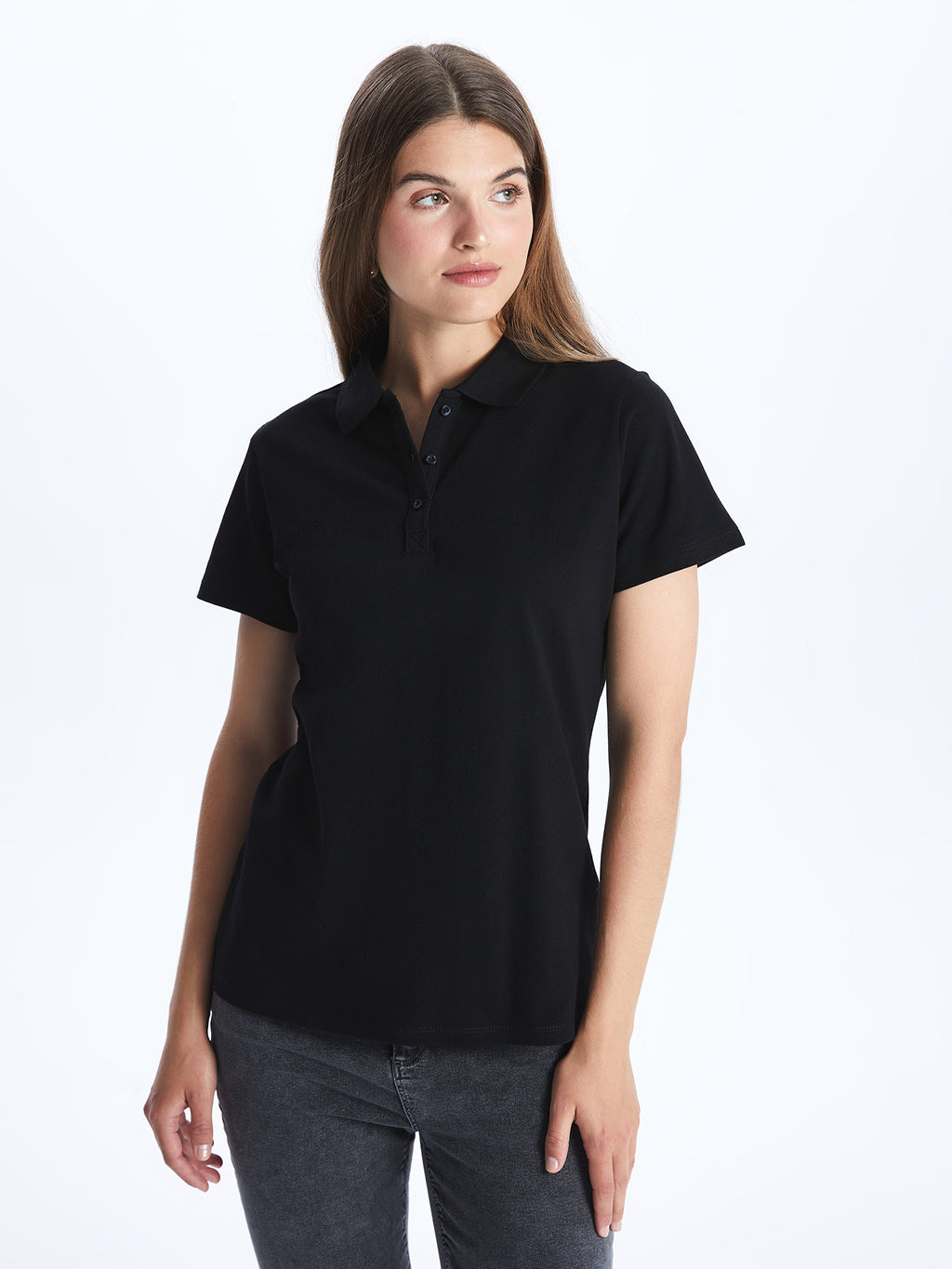 Polo Neck Plain Short Sleeve Women T-Shirt