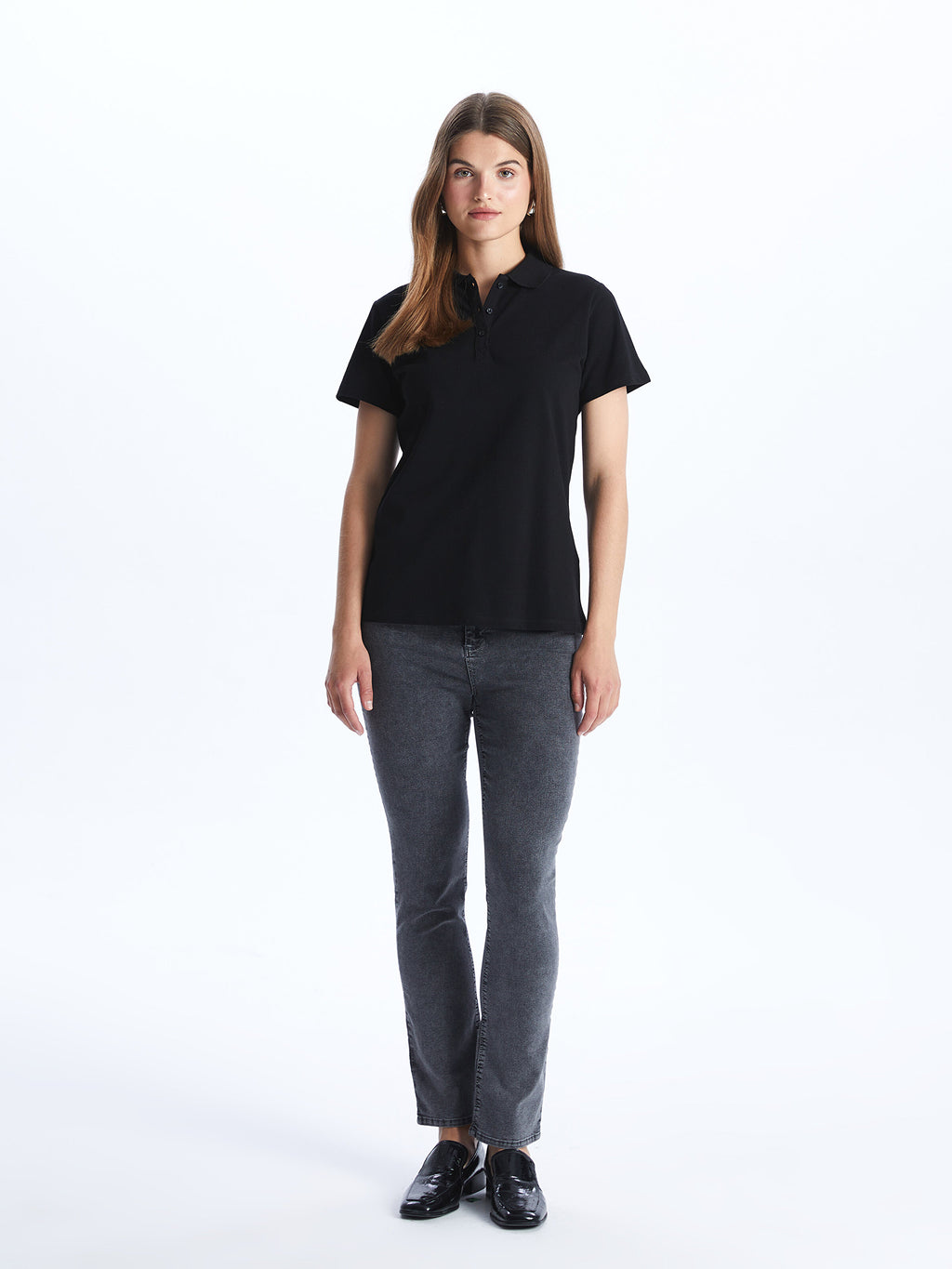 Polo Neck Plain Short Sleeve Women T-Shirt