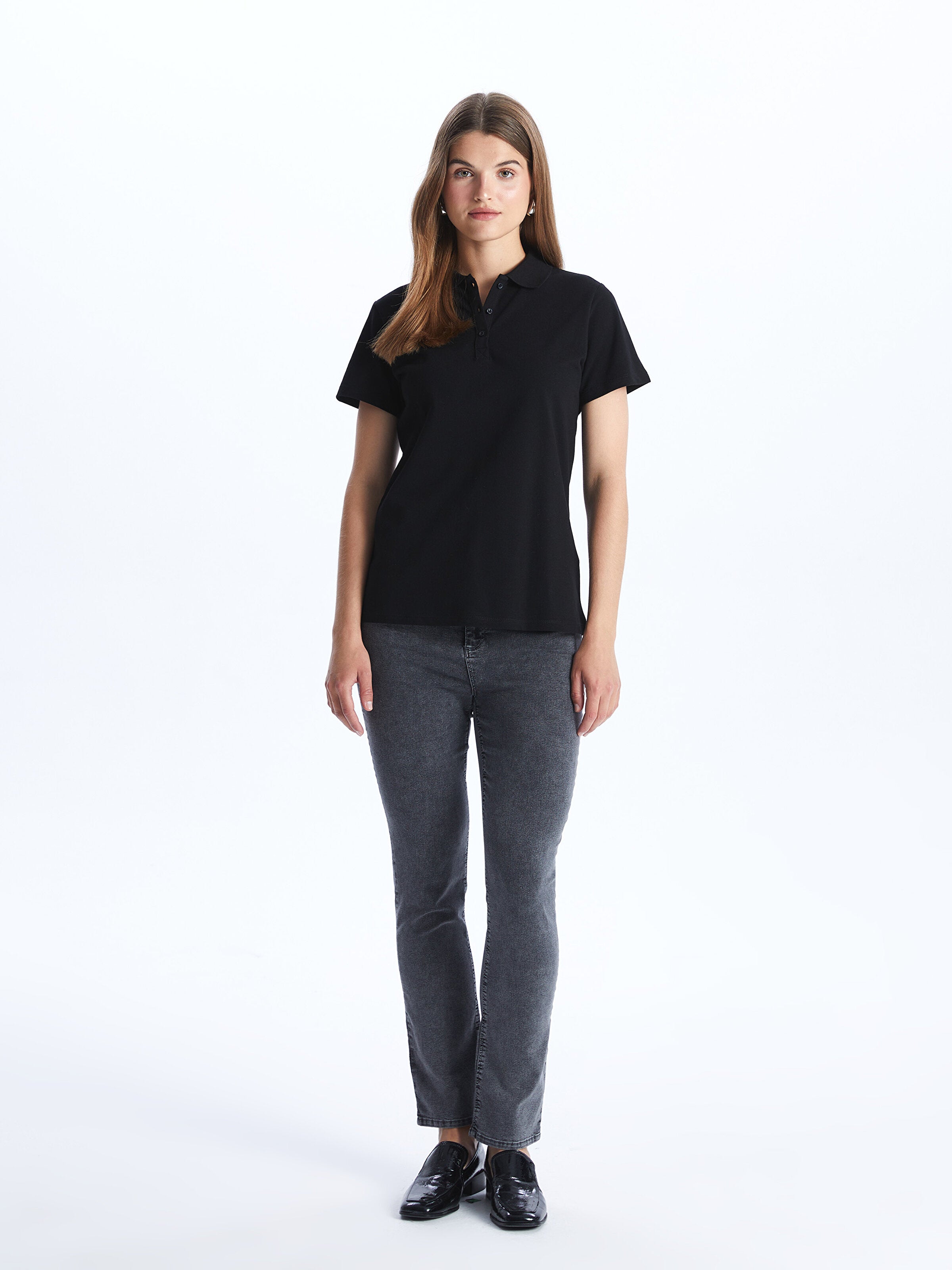 Polo Neck Plain Short Sleeve Women T-Shirt