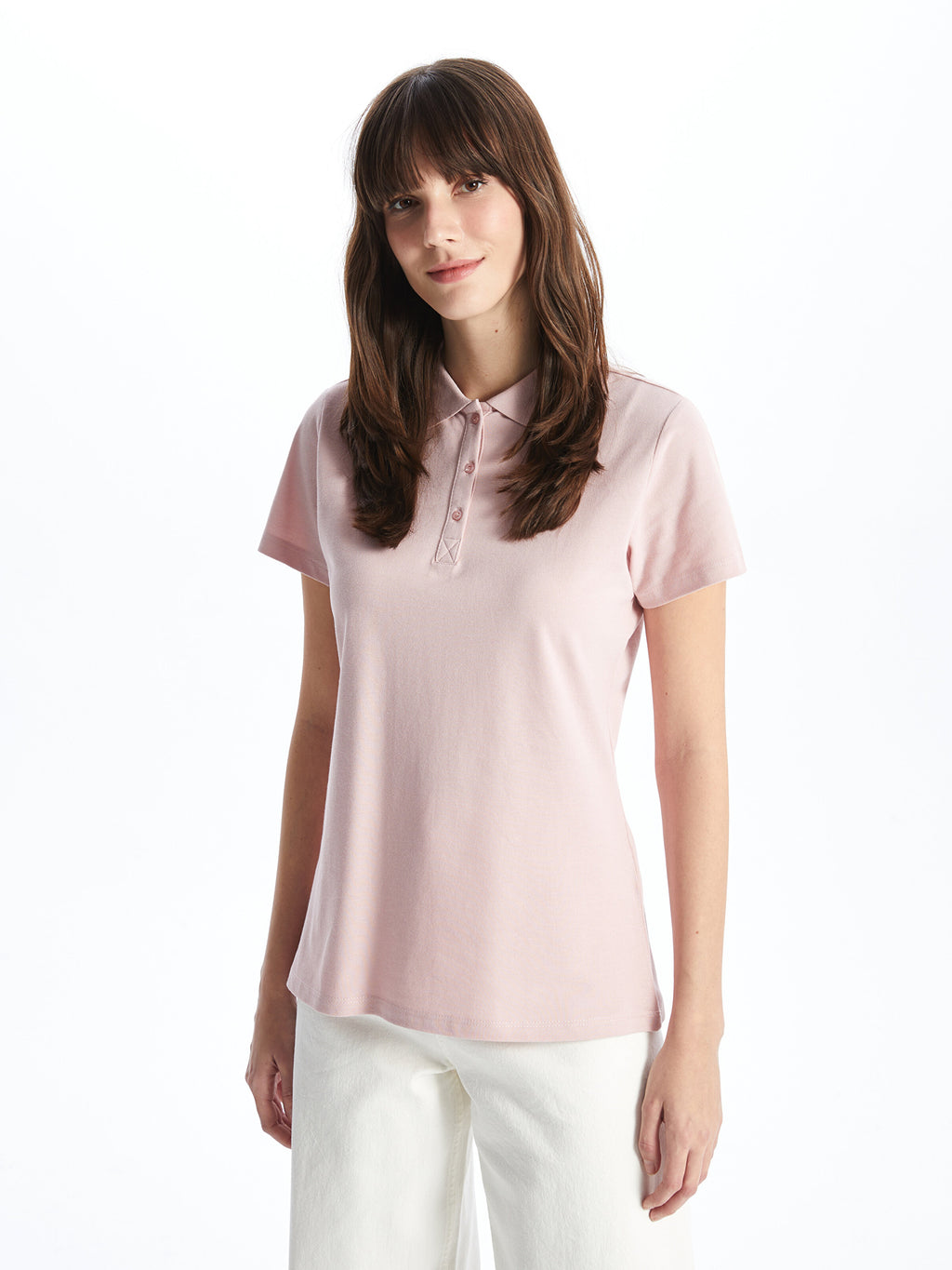 Polo Neck Plain Short Sleeve Women T-Shirt