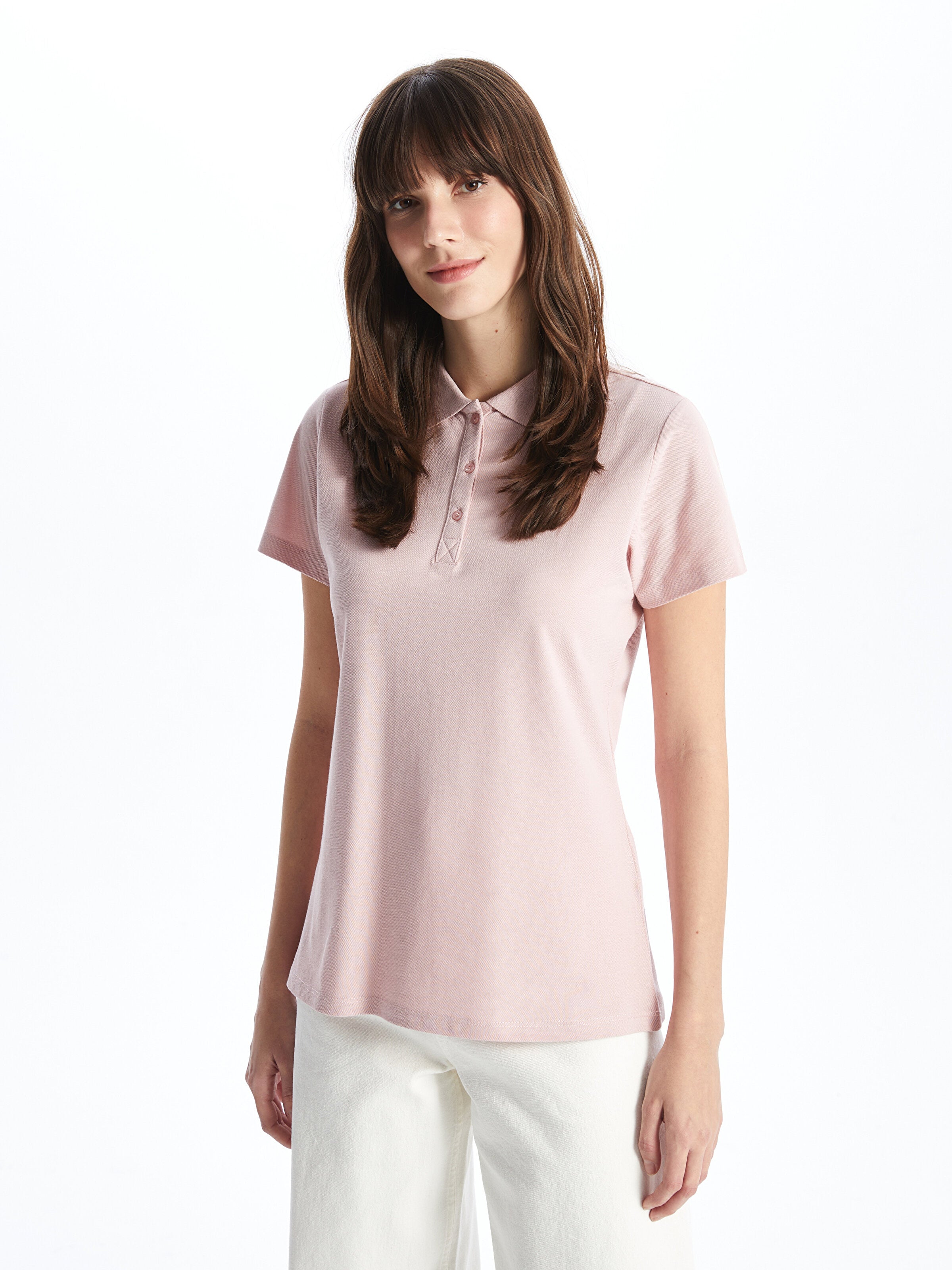 Polo Neck Plain Short Sleeve Women T-Shirt
