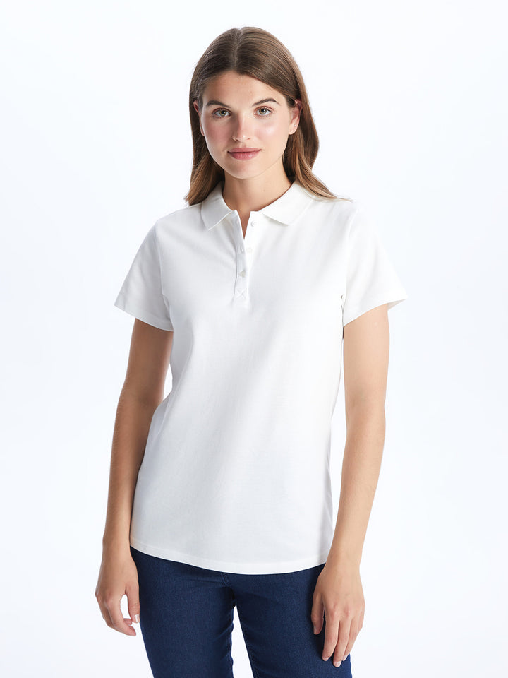 Polo Neck Plain Short Sleeve Women T-Shirt