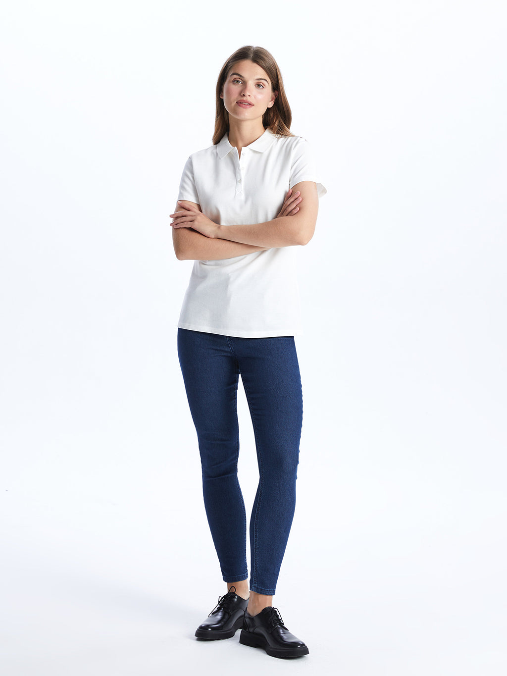 Polo Neck Plain Short Sleeve Women T-Shirt