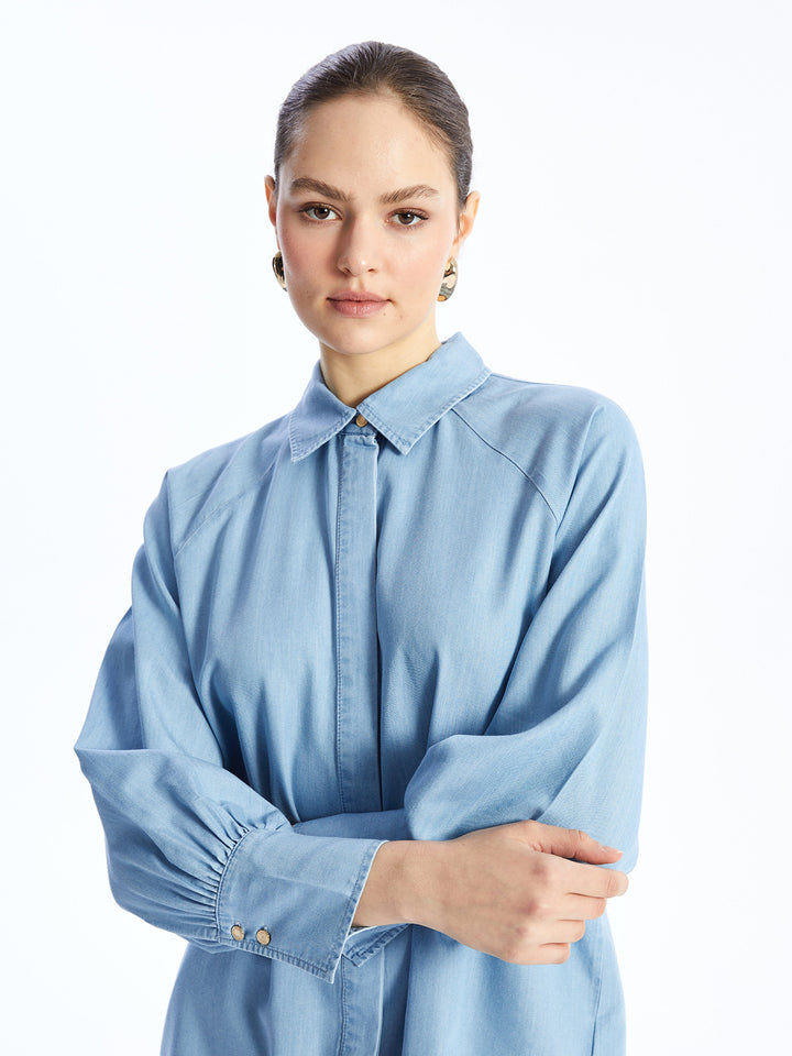 Shirt Collar Plain Long Sleeve Women Jean Tunic