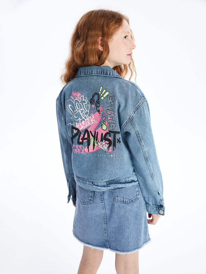 Shirt Collar Printed Girls Jean Jacket