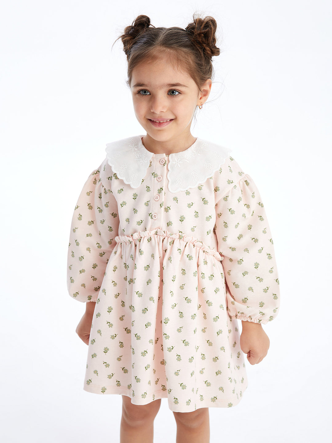 Bebe Collar Short Sleeve Floral Patterned Baby Girls Dress