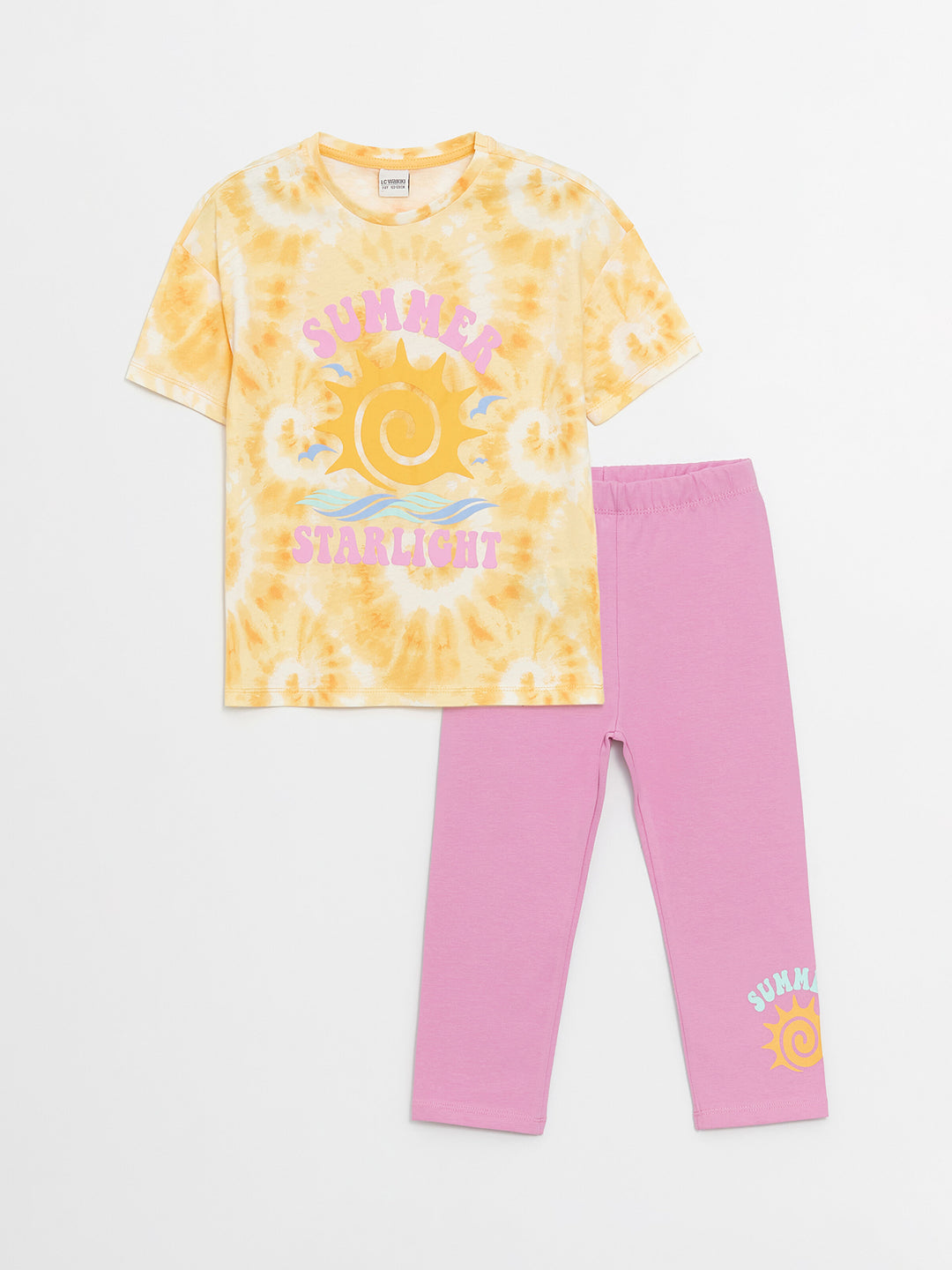 Crew Neck Printed Short Sleeve Girls T-Shirt And Tights