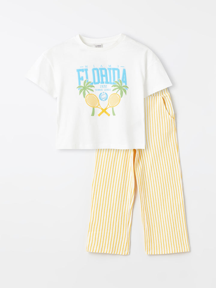 Crew Neck Printed Short Sleeve Girls T-Shirt and Trousers