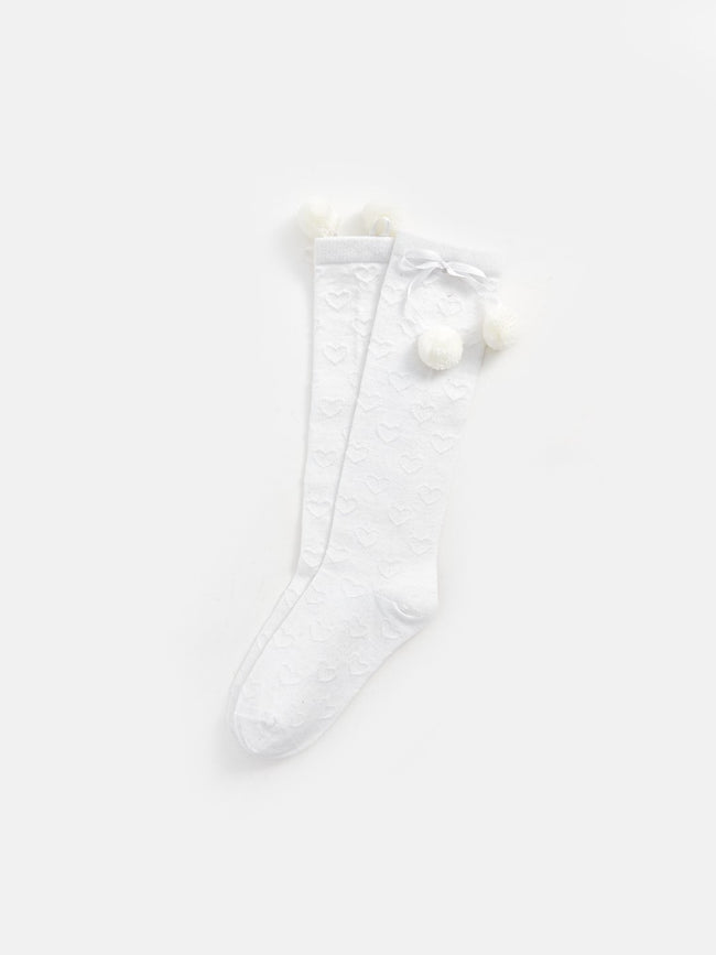 Patterned Pompom Detailed Girls Knee Socks Hover Image