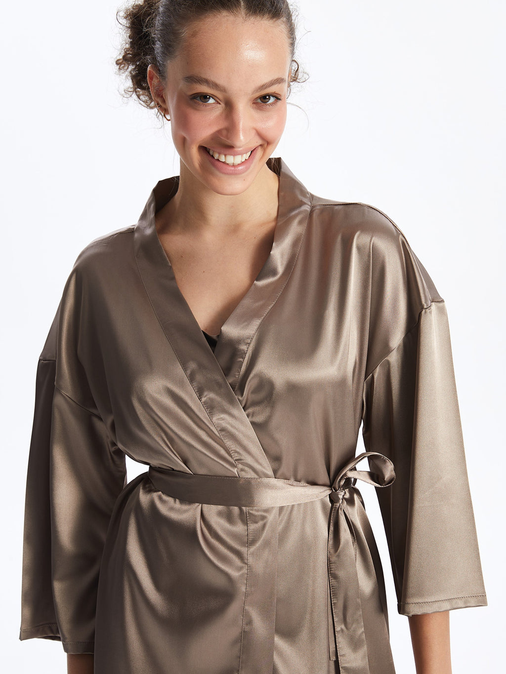 Shawl Collar Plain Satin Women Dressing Gown