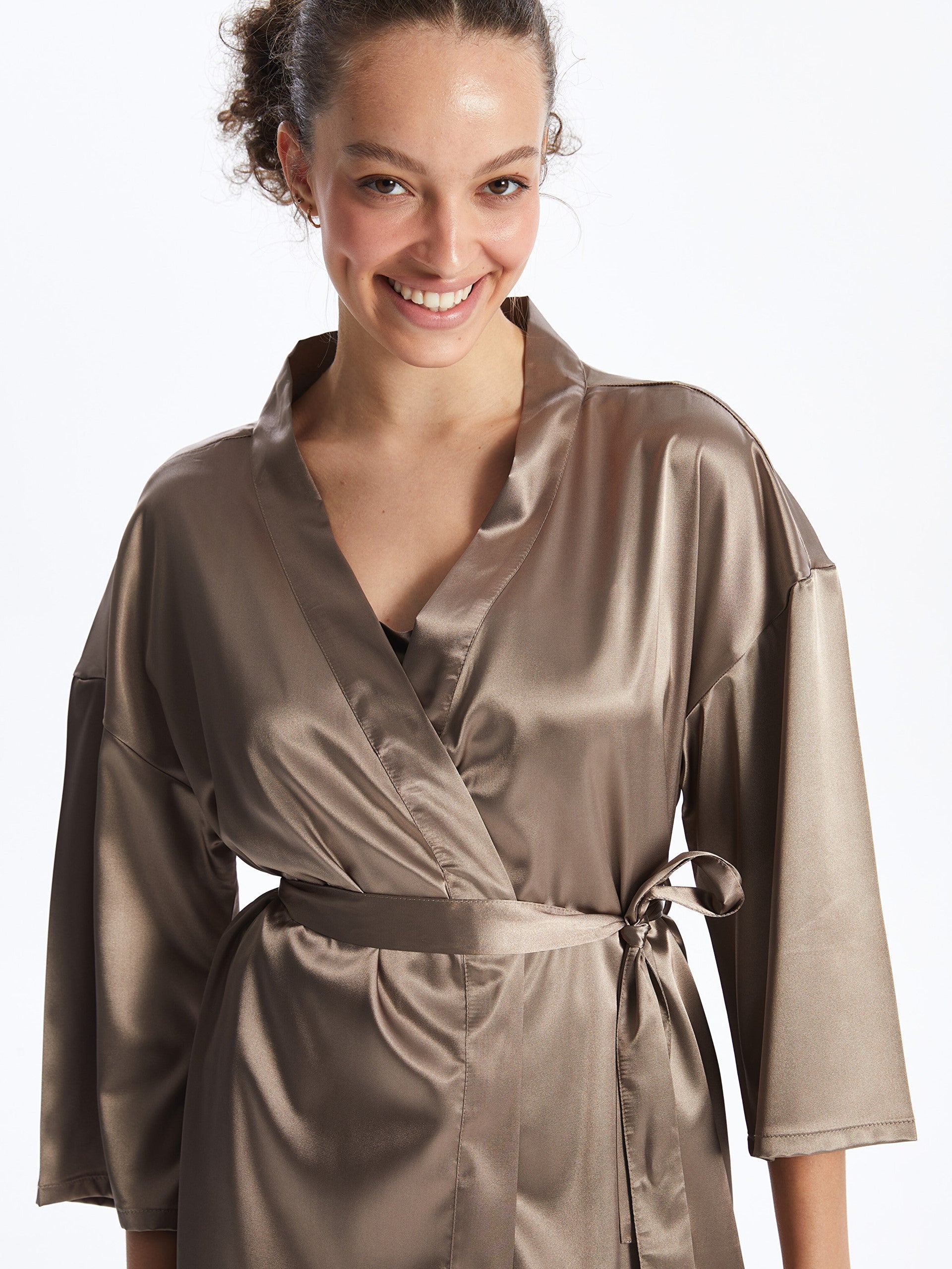 Shawl Collar Plain Satin Women Dressing Gown