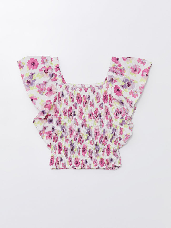 Square Neck Floral Short Sleeve Girls T-Shirt Hover Image