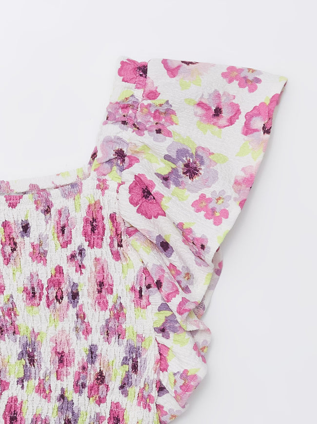 Square Neck Floral Short Sleeve Girls T-Shirt Main Image