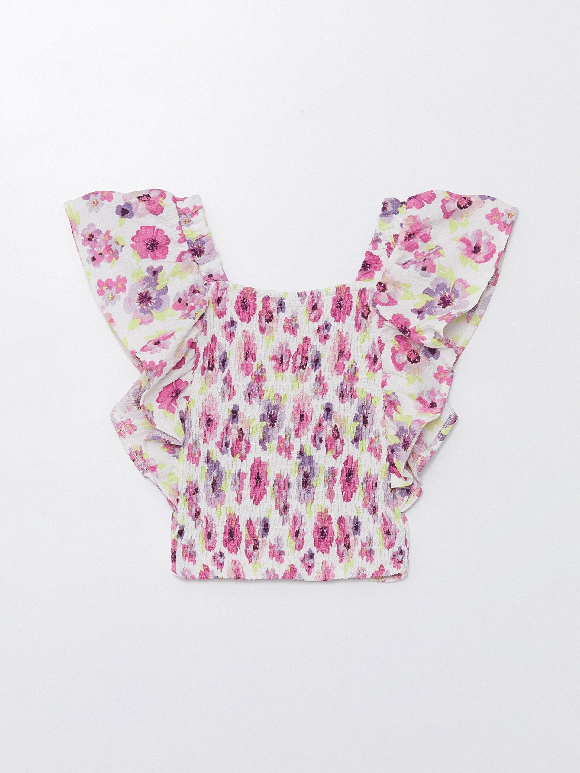 Square Neck Floral Short Sleeve Girls T-Shirt