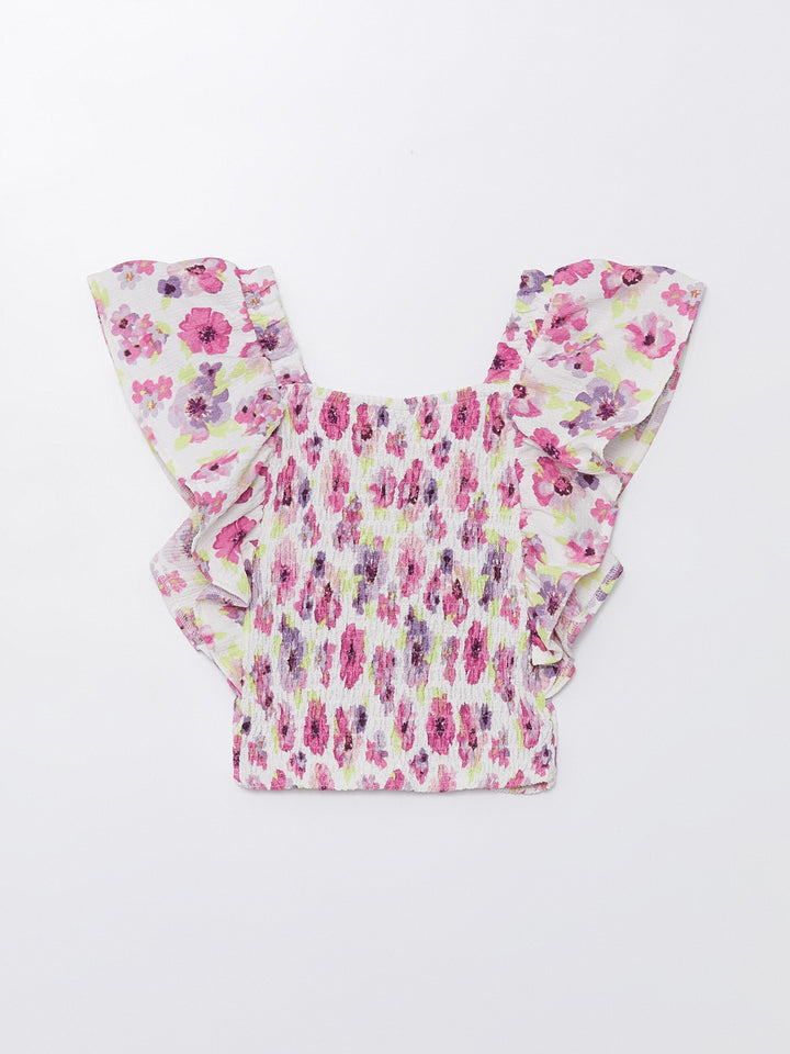 Square Neck Floral Short Sleeve Girls T-Shirt