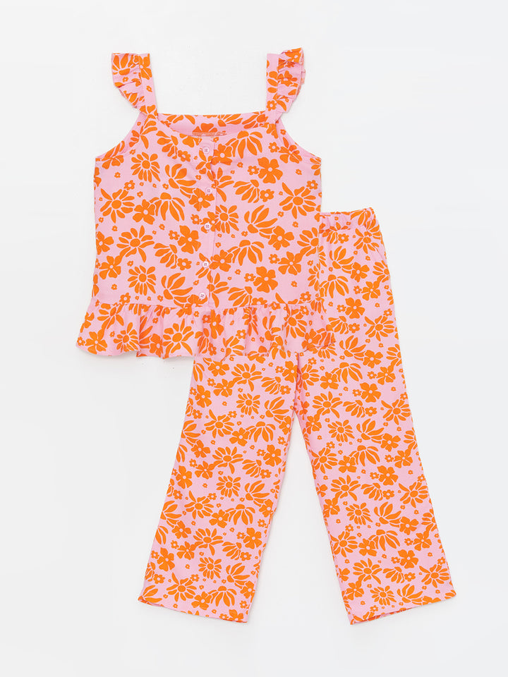 Square Collar Floral Girls Blouse and Trousers