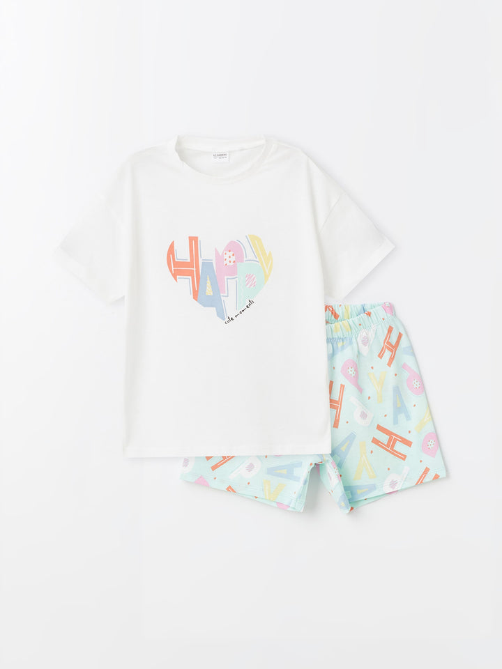 Crew Neck Printed Short Sleeve Girls Pajama Set with Shorts