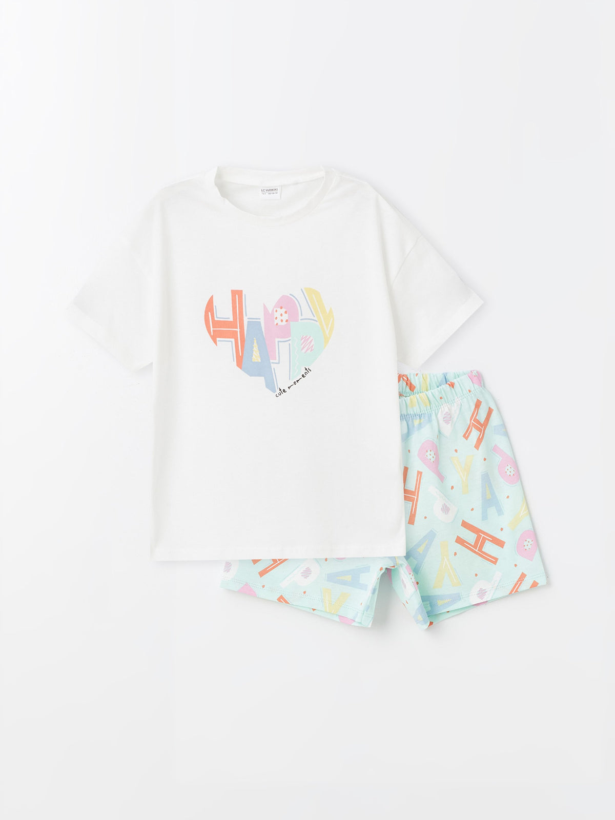 Crew Neck Printed Short Sleeve Girls Pajama Set with Shorts