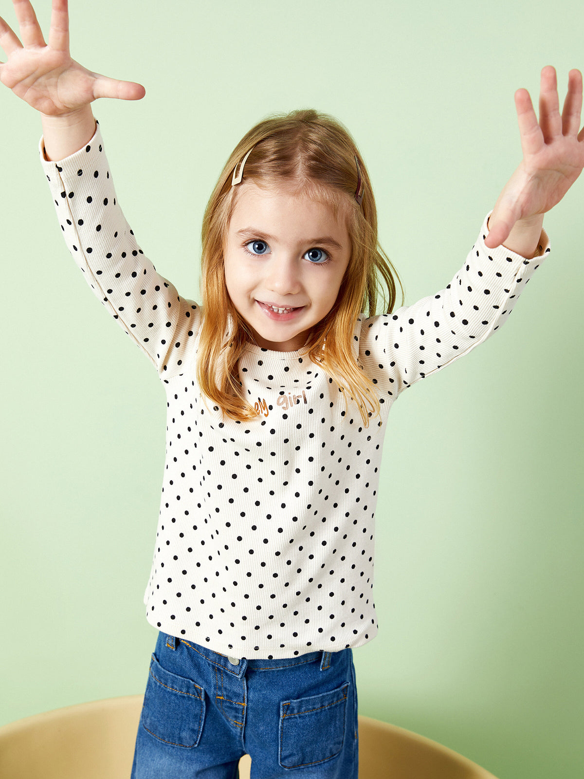 Crew Neck Long Sleeve Polka Dot Baby Girls T-Shirt