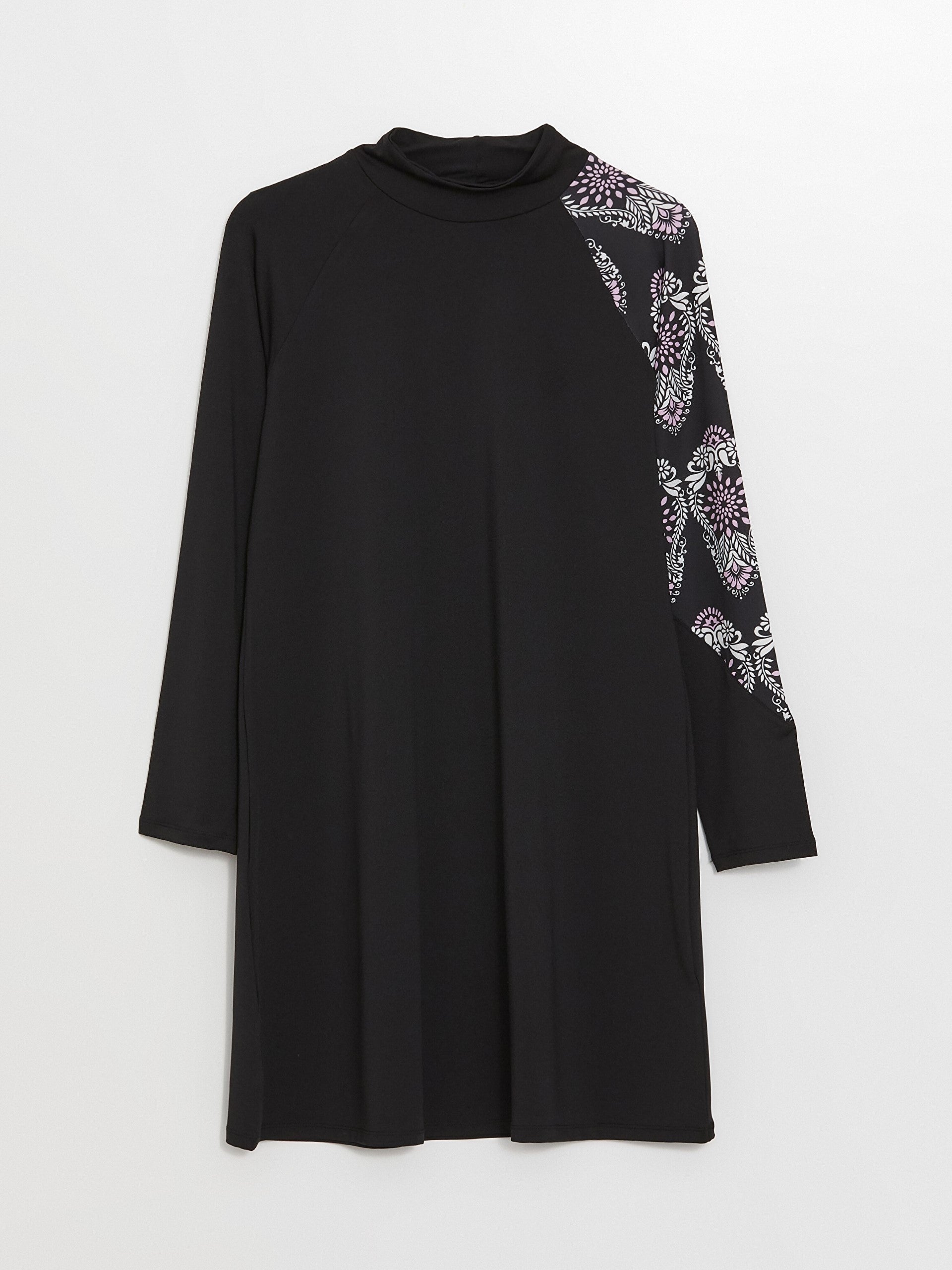 High Collar Patterned Long Sleeve Women Hijab Swimsuit