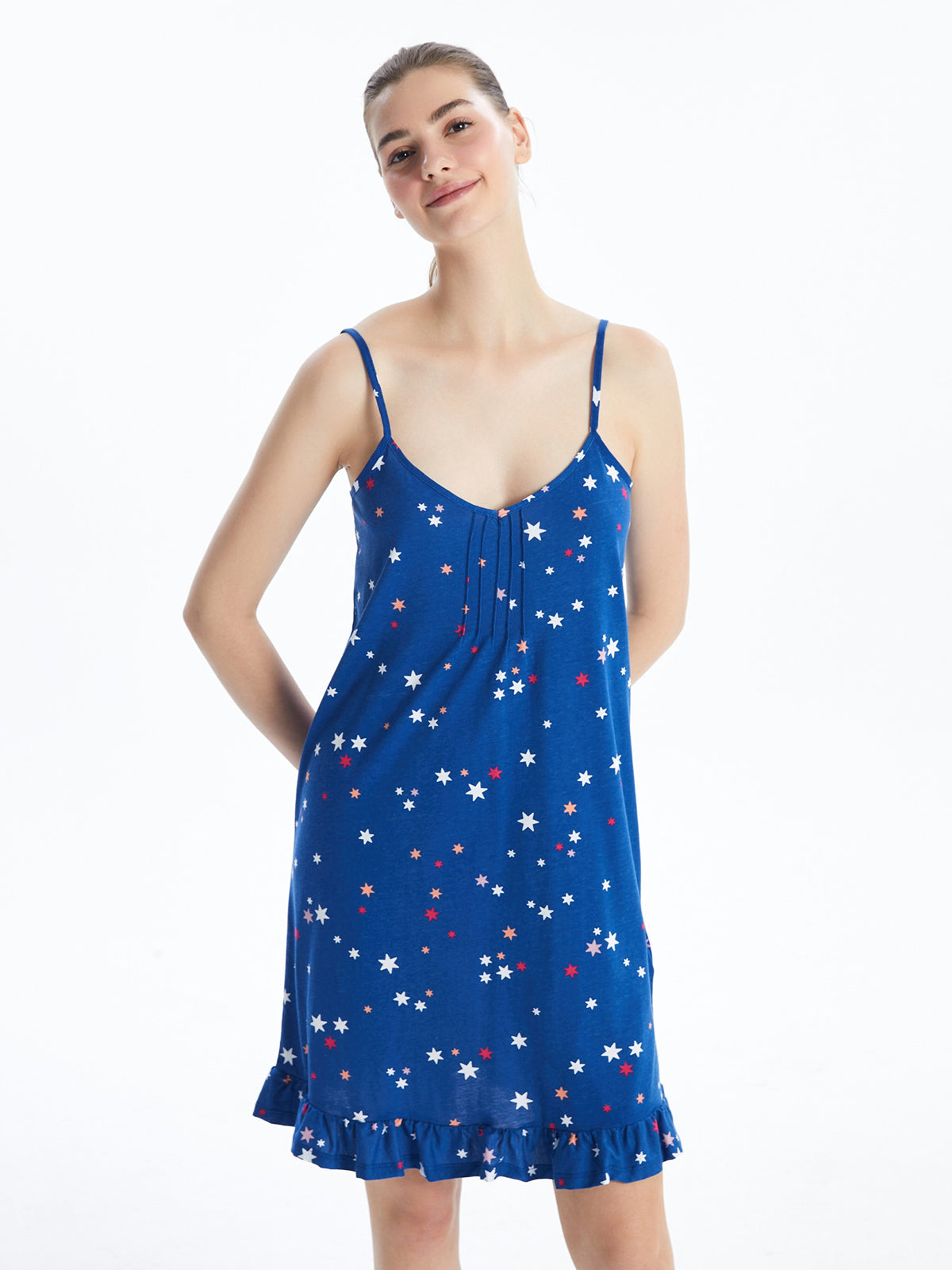 V-Neck Patterned Strappy Women Nightgown